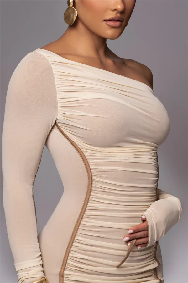 Diagonal Collar Long Sleeve Two Layer Mesh Backless Ruched Bodycon Midi Dress - Image 10