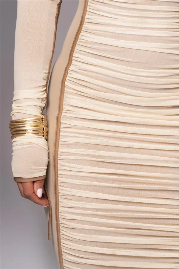 Diagonal Collar Long Sleeve Two Layer Mesh Backless Ruched Bodycon Midi Dress - Image 13
