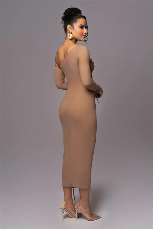 Diagonal Collar Long Sleeve Two Layer Mesh Backless Ruched Bodycon Midi Dress - Image 18