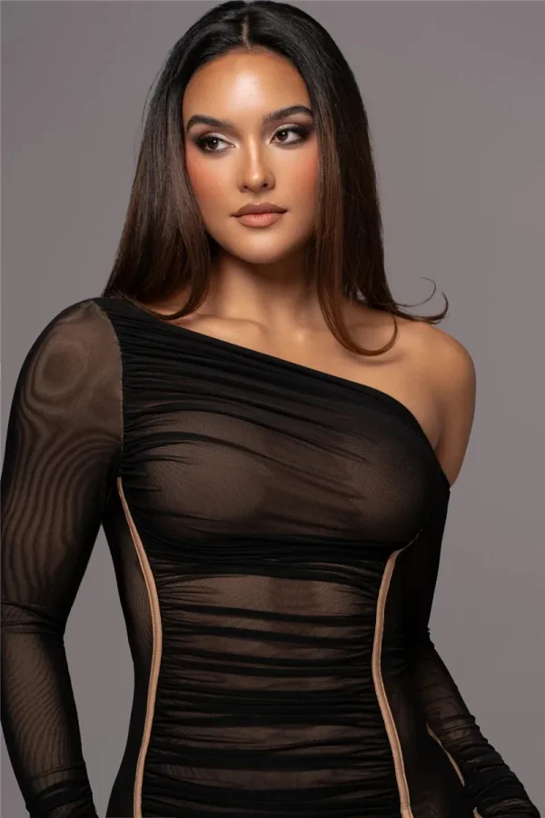 Diagonal Collar Long Sleeve Two Layer Mesh Backless Ruched Bodycon Midi Dress - Image 28