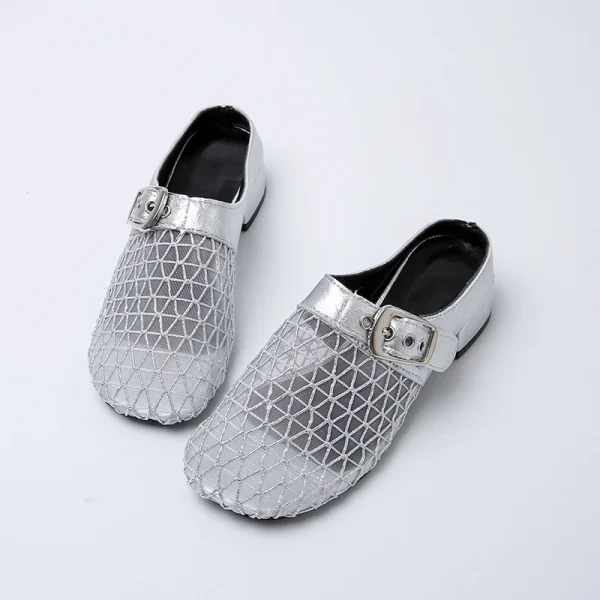 Elegant Air Mesh Mesh Metal Buckle Slides Square Heel Heeled Sandals - Image 5