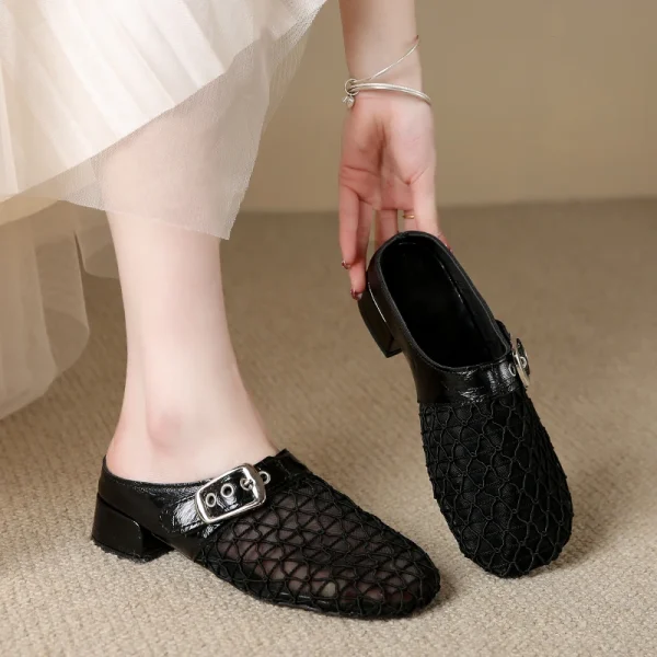 Elegant Air Mesh Mesh Metal Buckle Slides Square Heel Heeled Sandals - Image 10