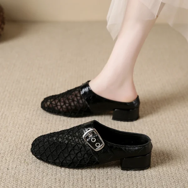 Elegant Air Mesh Mesh Metal Buckle Slides Square Heel Heeled Sandals - Image 8