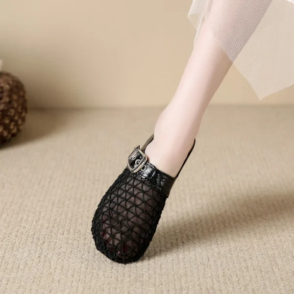 Elegant Air Mesh Mesh Metal Buckle Slides Square Heel Heeled Sandals - Image 7