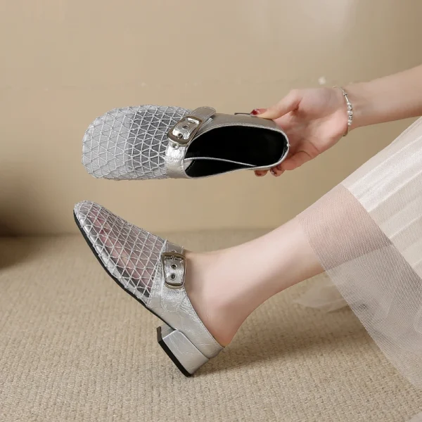 Elegant Air Mesh Mesh Metal Buckle Slides Square Heel Heeled Sandals - Image 3