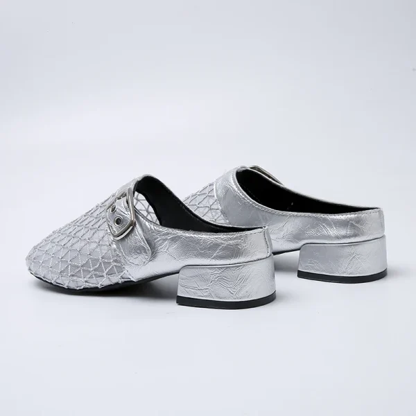 Elegant Air Mesh Mesh Metal Buckle Slides Square Heel Heeled Sandals - Image 6