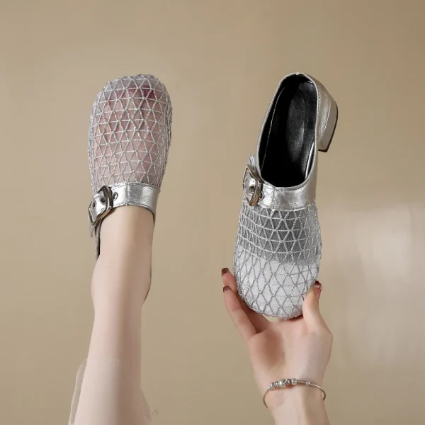 Elegant Air Mesh Mesh Metal Buckle Slides Square Heel Heeled Sandals - Image 4
