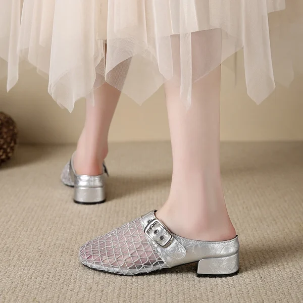 Elegant Air Mesh Mesh Metal Buckle Slides Square Heel Heeled Sandals - Image 2