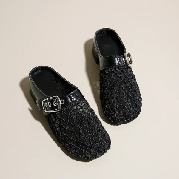 Elegant Air Mesh Mesh Metal Buckle Slides Square Heel Heeled Sandals - Image 12