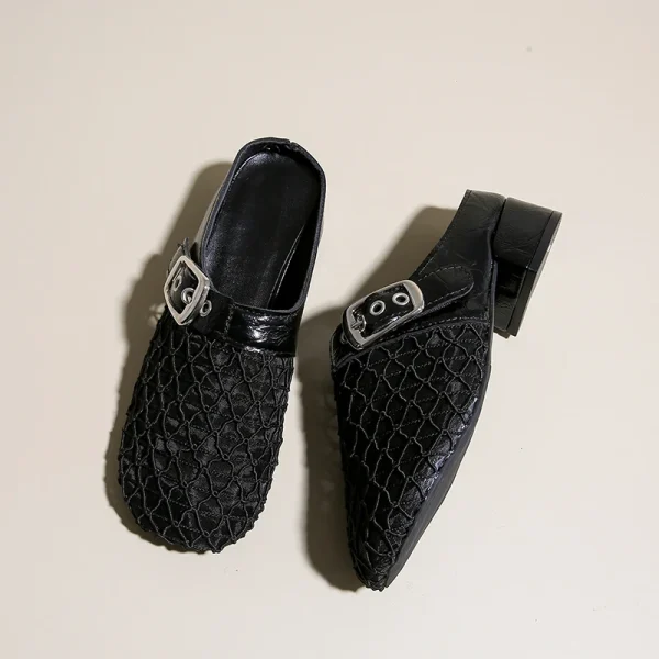 Elegant Air Mesh Mesh Metal Buckle Slides Square Heel Heeled Sandals - Image 11