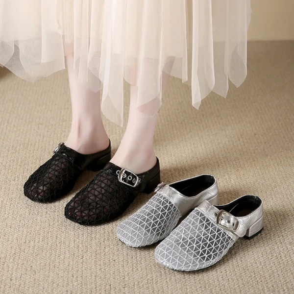 Elegant Air Mesh Mesh Metal Buckle Slides Square Heel Heeled Sandals - Image 9