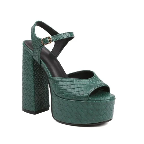 Elegant Ankle Strap Woven Pattern Platform Peep Toe High Square Heel Sandals - Image 4