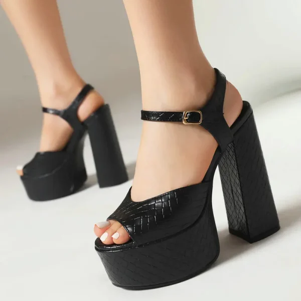 Elegant Ankle Strap Woven Pattern Platform Peep Toe High Square Heel Sandals - Image 2