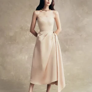 Elegant Asymmetrical Pleated Patchwork Slip Solid Color High Waist Evening Party Dresses