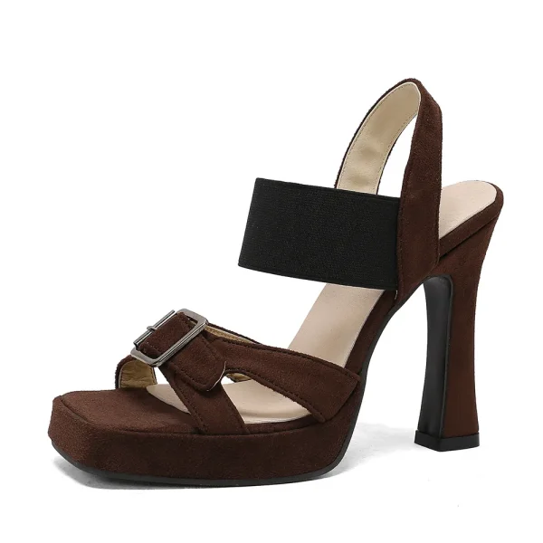 Elegant Back Strap Platform Sandals Thick High Heels Suede Sandals - Image 14