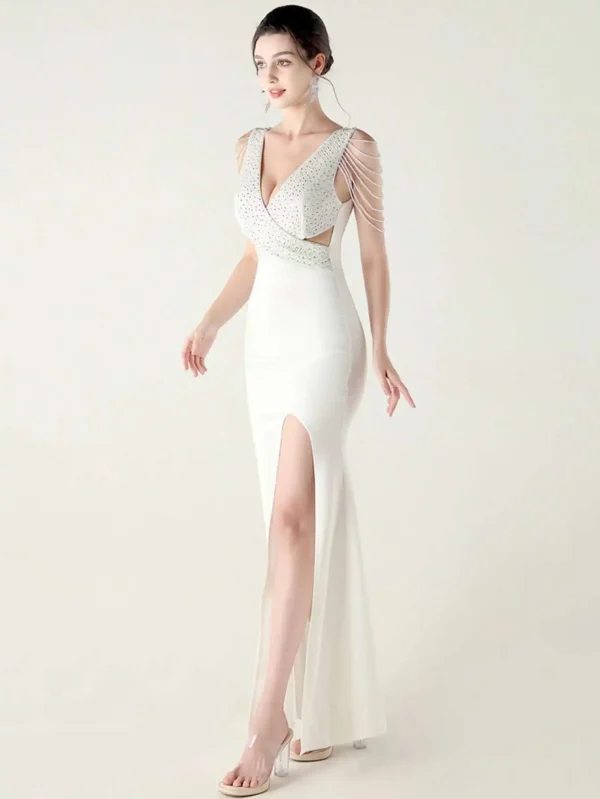 Elegant Backless Rhinestone Party Wedding Prom Evening Dresses - Image 2