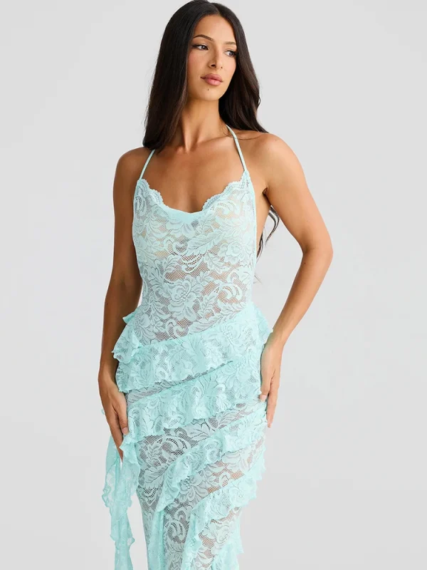 Elegant Backless Sheer Lace Halter Spaghetti Strap Ribbon Dress - Image 2