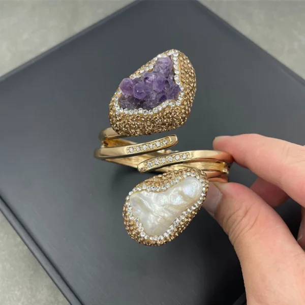 Elegant Banquet Natural Amethyst Baroque Inlaid Freshwater Pearl Bangle Crystal Quartz Bracelet - Image 3