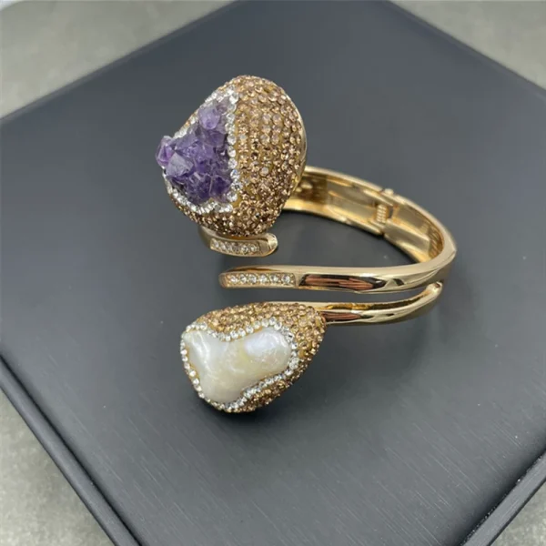 Elegant Banquet Natural Amethyst Baroque Inlaid Freshwater Pearl Bangle Crystal Quartz Bracelet - Image 2