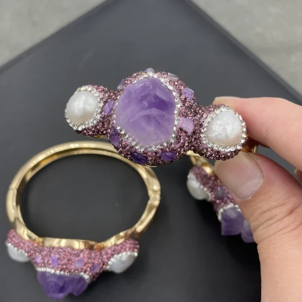 Classic Banquet Natural Amethyst Baroque Inlaid Freshwater Pearl Bangle Crystal Quartz Bracelet - Image 2
