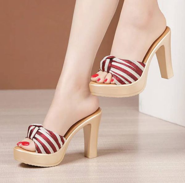 Bohemian Beach Style Open Head Bow Stripe Slides High Heels Sandals - Image 2