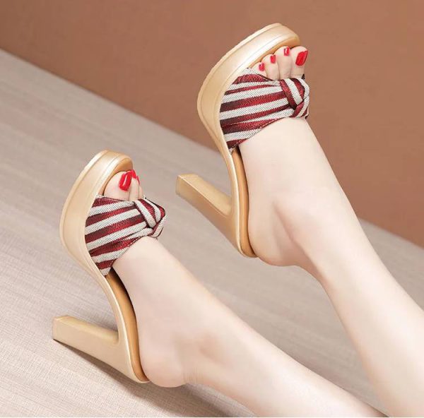 Bohemian Beach Style Open Head Bow Stripe Slides High Heels Sandals - Image 3