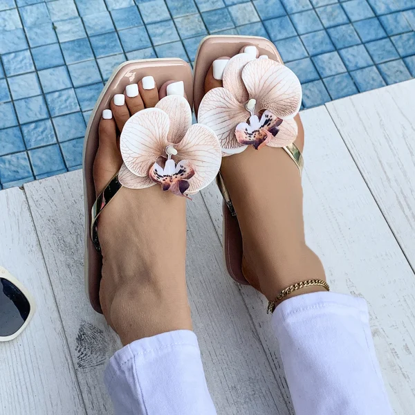 Elegant Bright Colored With Petal Decorations Flat Heel Flip Flops Sandals - Image 3