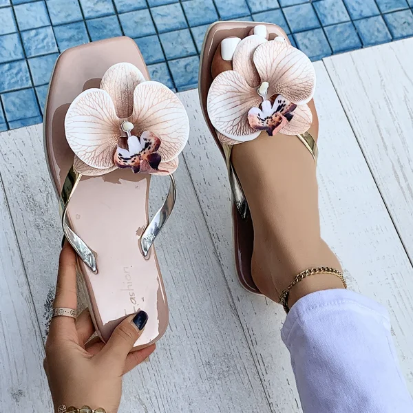 Elegant Bright Colored With Petal Decorations Flat Heel Flip Flops Sandals