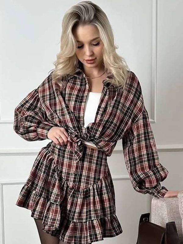 Elegant  Print Casual Lapel Long Sleeve Button Shirts And High Waist Pleated Mini Skirts Set
