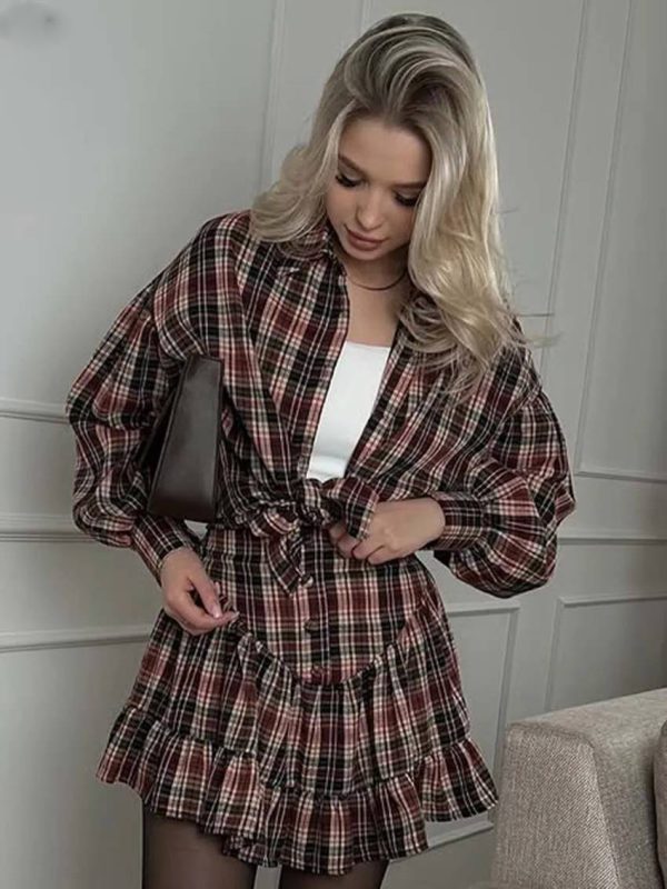 Elegant  Print Casual Lapel Long Sleeve Button Shirts And High Waist Pleated Mini Skirts Set - Image 2