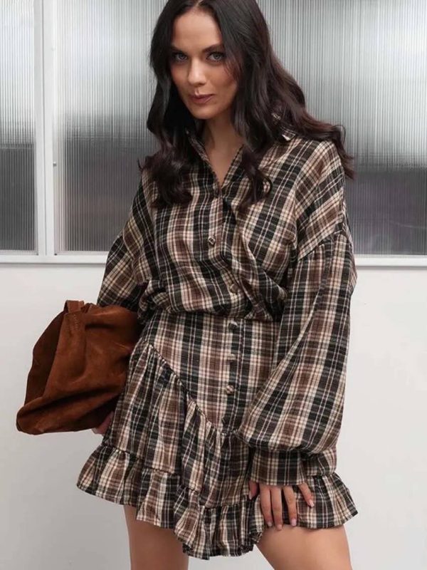 Elegant  Print Casual Lapel Long Sleeve Button Shirts And High Waist Pleated Mini Skirts Set - Image 3