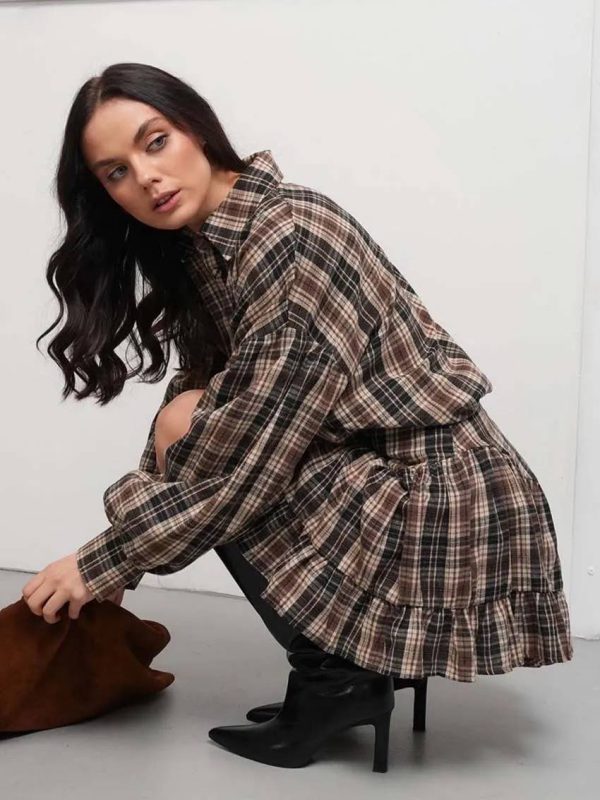 Elegant  Print Casual Lapel Long Sleeve Button Shirts And High Waist Pleated Mini Skirts Set - Image 4