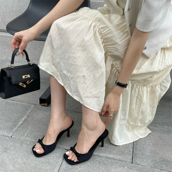 Elegant Butterfly-knot Satin Slip On Thin High Heel Sandal - Image 2