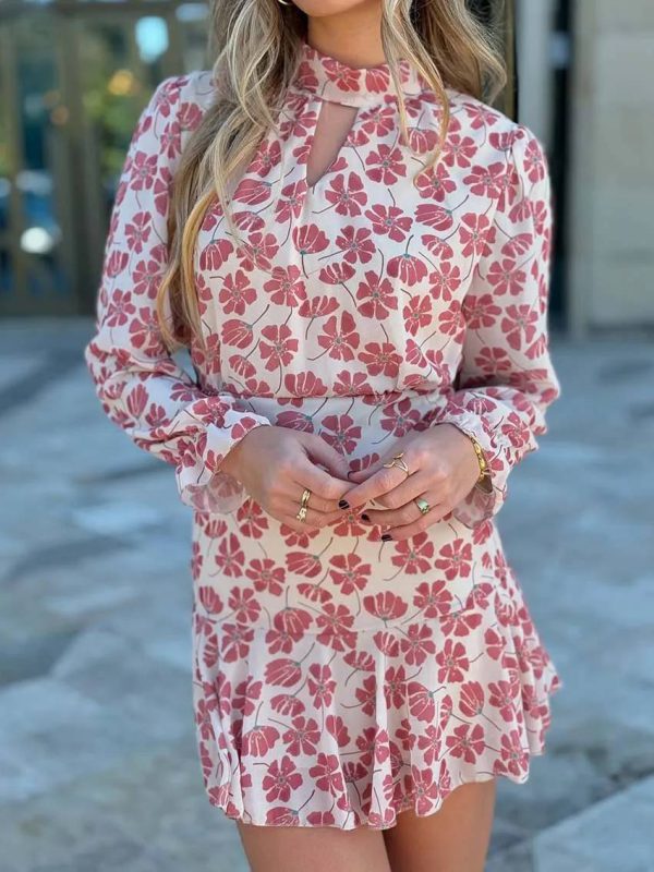 Elegant Casual Print Long Sleeve Turtleneck Hollow Out High Waist Hollow Out Dresses - Image 3