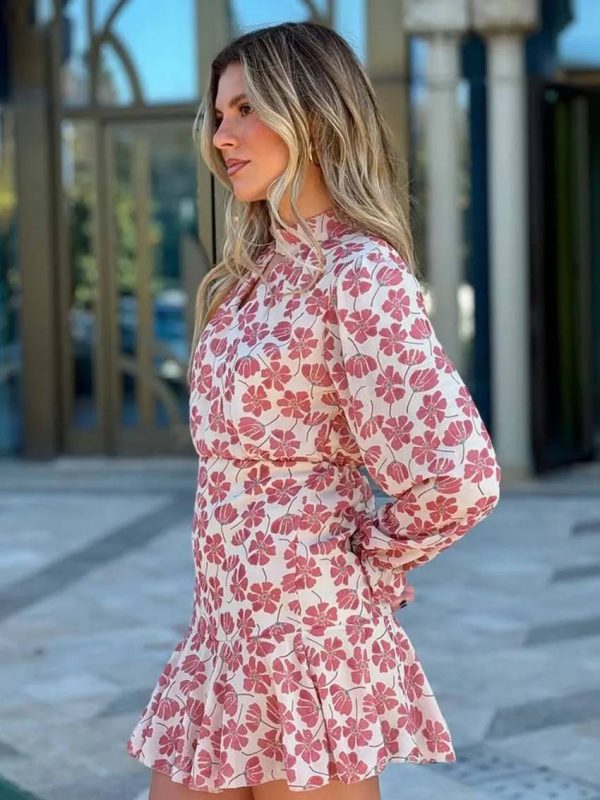 Elegant Casual Print Long Sleeve Turtleneck Hollow Out High Waist Hollow Out Dresses - Image 4