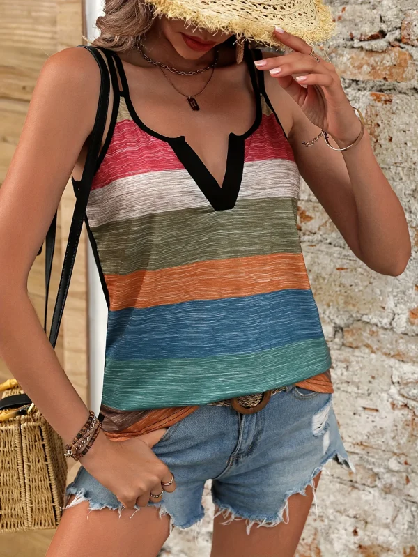 Elegant Color Block Striped Casual Indie Folk V Neck Camis Vacation Sleeveless Tank Tops - Image 5