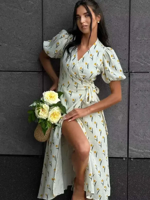 Elegant Cotton A-line Muslin With Side Slits Flowers Midi Dresses - Image 3