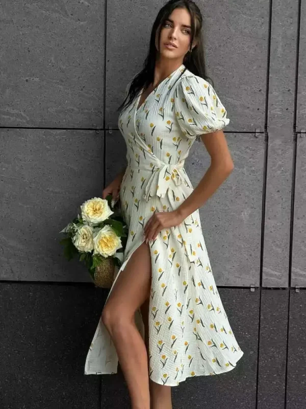 Elegant Cotton A-line Muslin With Side Slits Flowers Midi Dresses - Image 4