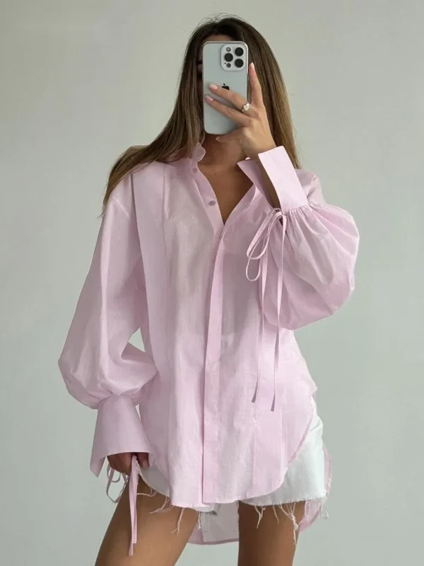 Elegant Cotton Casual Lapel Long Sleeve Classic Lace-Up Top Designer Shirt - Image 4
