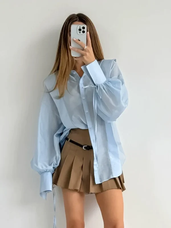 Elegant Cotton Casual Lapel Long Sleeve Classic Lace-Up Top Designer Shirt - Image 2