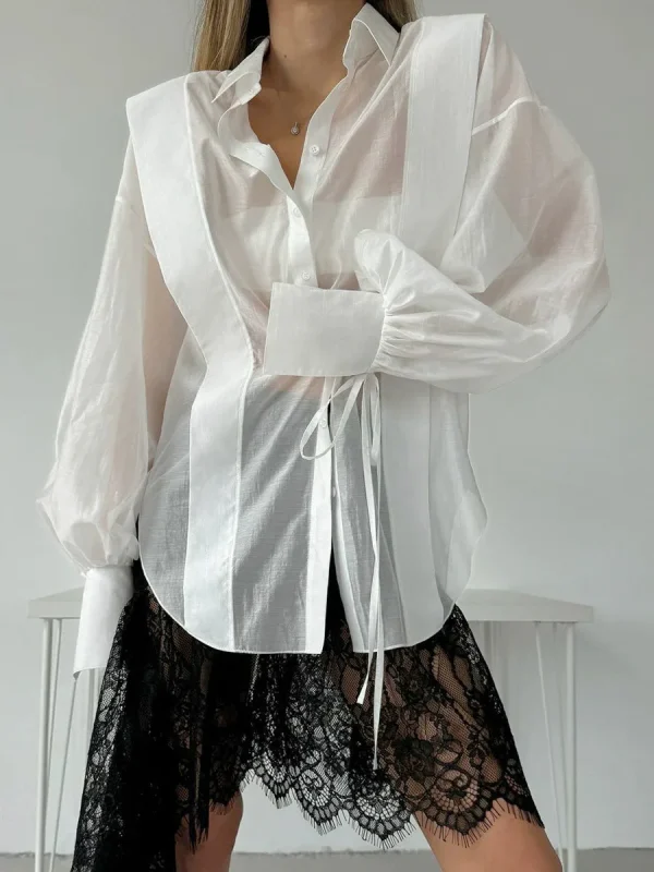 Elegant Cotton Casual Lapel Long Sleeve Classic Lace-Up Top Designer Shirt - Image 5