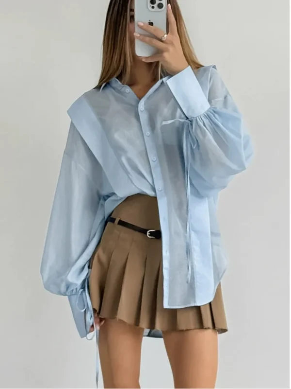 Elegant Cotton Casual Lapel Long Sleeve Classic Lace-Up Top Designer Shirt - Image 3