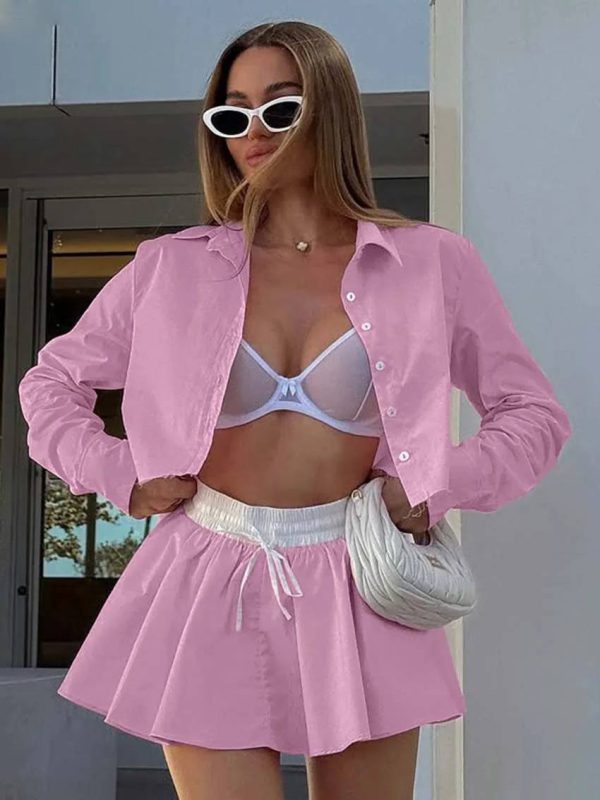 Elegant Cotton Long Sleeve Single Breasted Crop Shirts Drawstring Mini Skirts Set