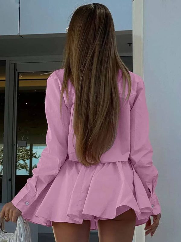 Elegant Cotton Long Sleeve Single Breasted Crop Shirts Drawstring Mini Skirts Set - Image 3