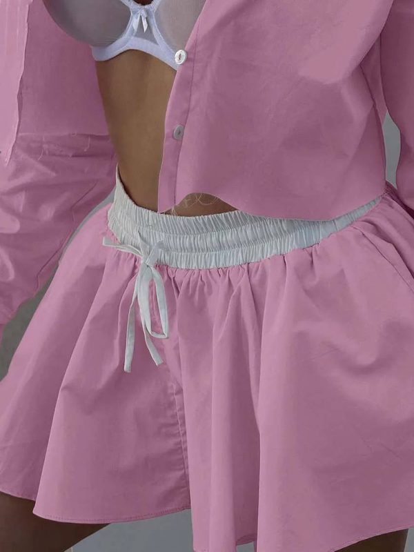 Elegant Cotton Long Sleeve Single Breasted Crop Shirts Drawstring Mini Skirts Set - Image 4