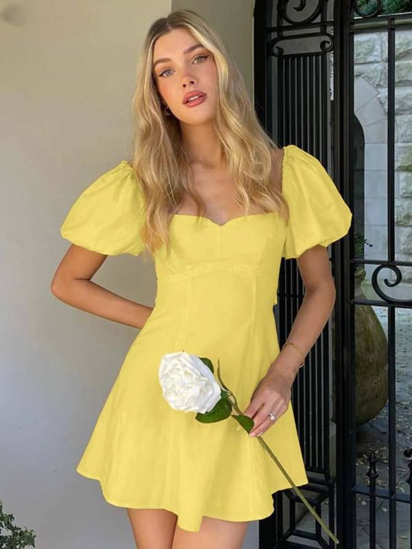Elegant Cotton Square Neck Short Sleeve Open Back Lace-Up Mini Dress - Image 2