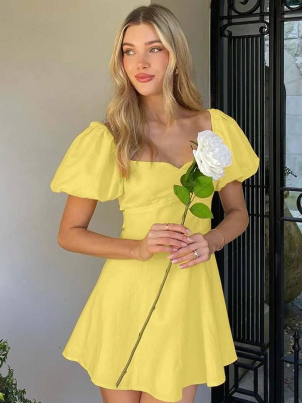Elegant Cotton Square Neck Short Sleeve Open Back Lace-Up Mini Dress - Image 3