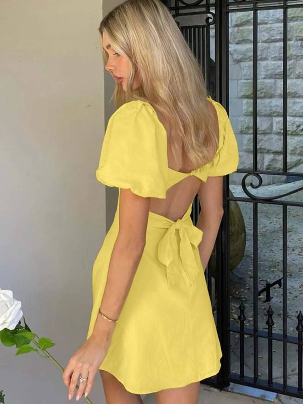 Elegant Cotton Square Neck Short Sleeve Open Back Lace-Up Mini Dress - Image 6