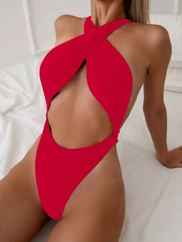 Elegant Cropped Halter High Waist Cross Strap Padded Slim One Piece - Image 6