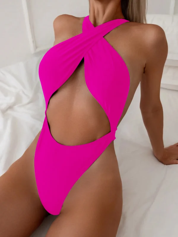 Elegant Cropped Halter High Waist Cross Strap Padded Slim One Piece - Image 7